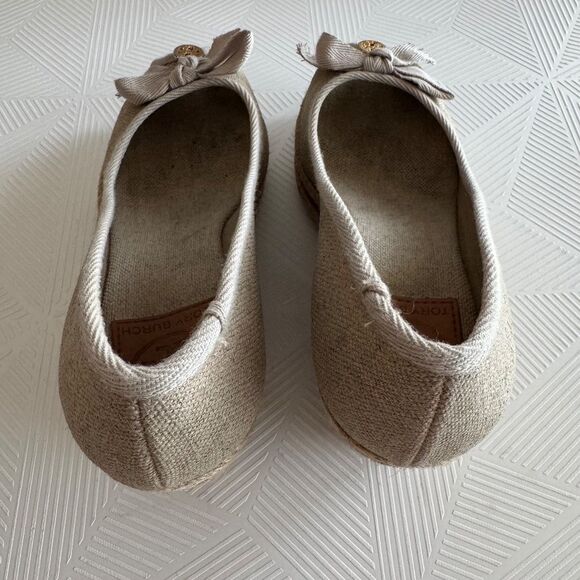 Tory Buch Espadrilles Wedged Slip On Metallic Canvas Neutral Tan Size 6.5 - Picture 5 of 10